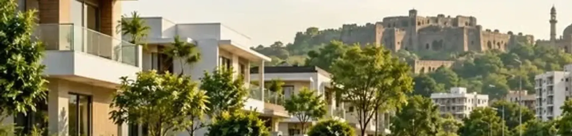 Residential street and the historic fort in Gulbarga (Kalaburagi).